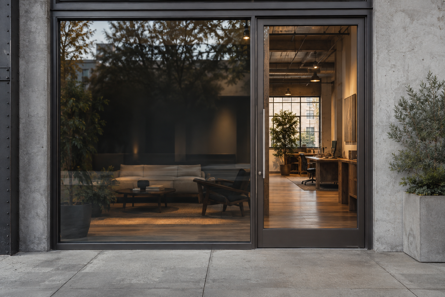 Imagined glass studio entrance with white Osnara vinyl lettering