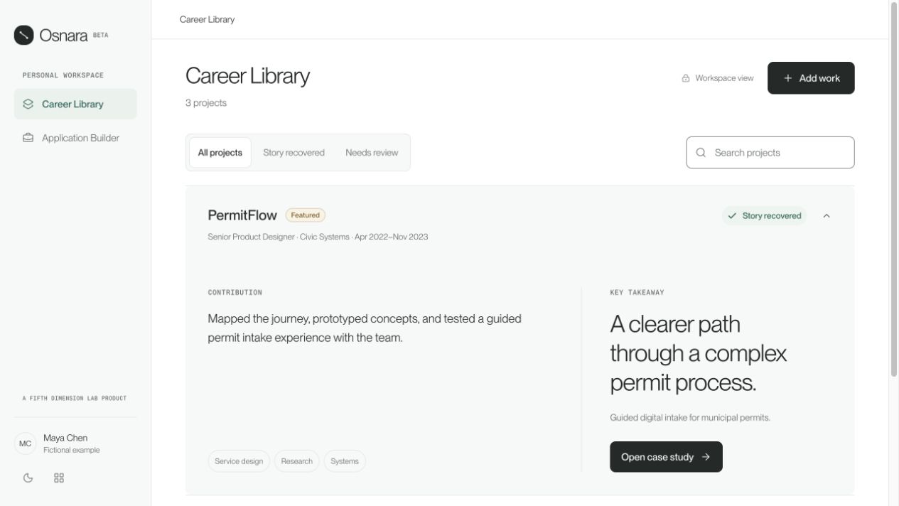 Actual reskinned Osnara Career Library with fictional PermitFlow project