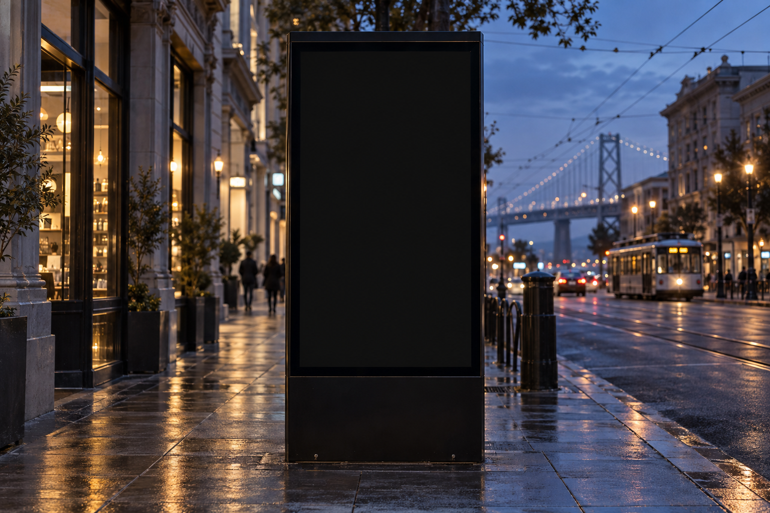 Imagined digital advertising kiosk on a San Francisco street at dusk
