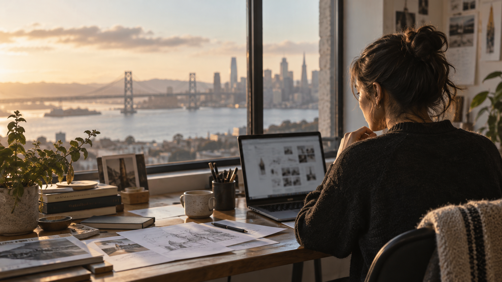 Imagined creative professional working beside a studio window